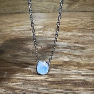 New Pink Panache silver necklace with a 12mm white square opal like swavorski